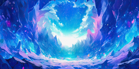 Anime frozen Winter cold cave icicles background backdrop, generated ai
