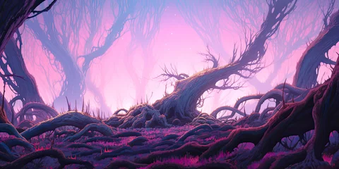 Foto op Plexiglas Anime spooky forest background trees woodland haunted, generated ai © dan