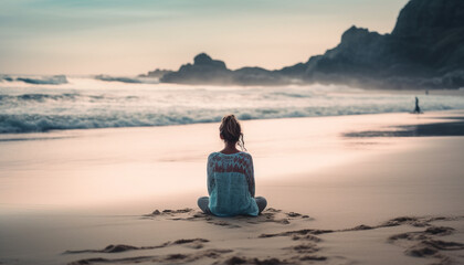 Fototapeta premium One young woman meditates in solitude, embracing beauty in nature generated by AI