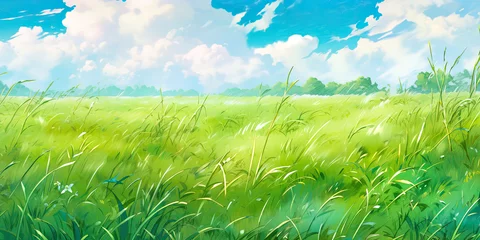 Gordijnen Vibrant green anime grass field background agricultural backdrop, generated ai © dan