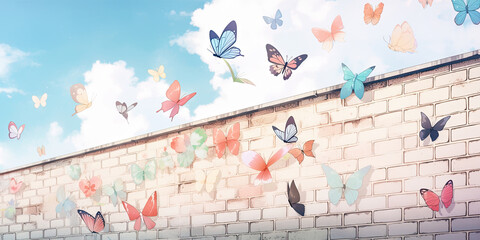 Anime butterfly urban wall background butterflies flying, generated ai