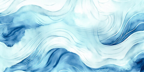 Blue and white abstract ocean wave texture. Banner Graphic Resource as background for ocean wave abstract graphics. Winter water wavy texture for web mobile backdrop. Cold weather travel illustration - obrazy, fototapety, plakaty