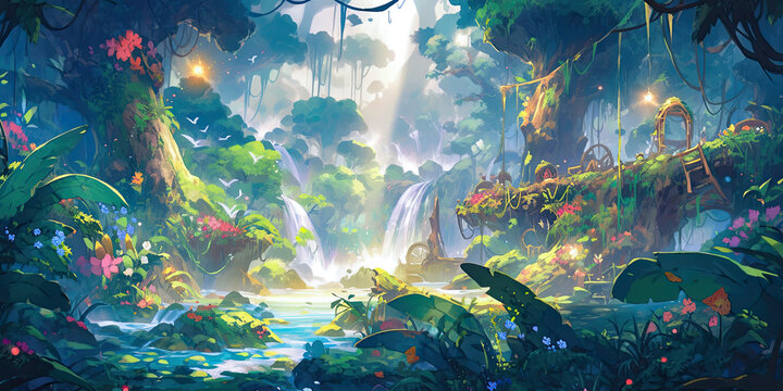 Anime fantasy magical forest background backdrop vibrant, generated ai