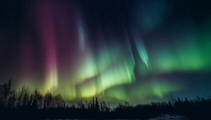 Night sky illuminated by vibrant multi colored aurora over snowy landscape generated by AI