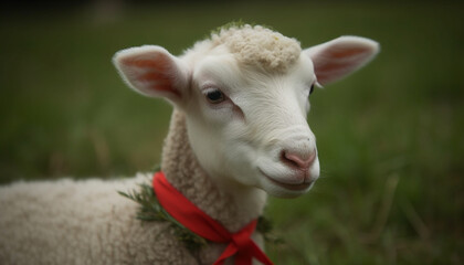Fototapeta premium Cute lamb smiling, looking at camera in green meadow pasture generated by AI