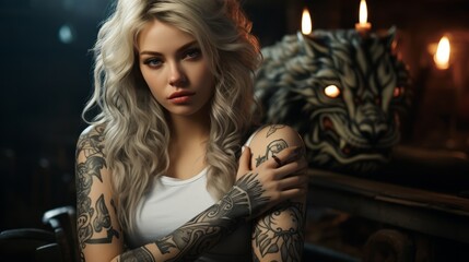A woman stands confidently in her unique style, her tattoos glowing against her flesh in the candlelight, embodying a daring and powerful fashion statement