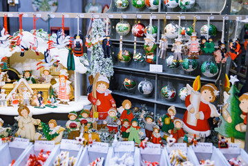 Art craft gifts and decoration items for Christmas in Christmas Market in Strasbourg, the capital de Noel in France - obrazy, fototapety, plakaty