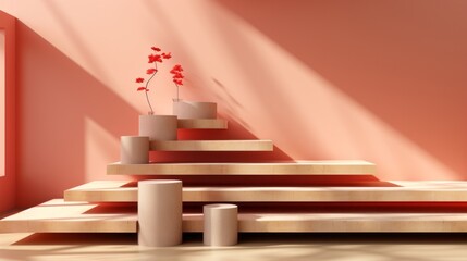 A breathtaking display of artful design, the wooden stairs of the building draw the eye with vibrant red flowers in a vase perched atop