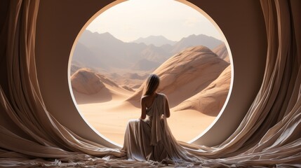 A lone woman sits in a flowing dress, gazing out the round window of her desert abode towards the distant mountain range beyond - obrazy, fototapety, plakaty