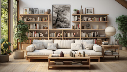 Modern, elegant living room with comfortable sofa, bookshelf, and wooden flooring generated by AI