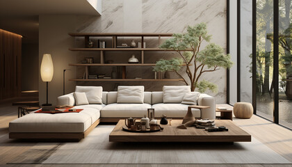 Obraz premium Modern domestic room with elegant decor, comfortable sofa, and luxurious wood flooring generated by AI