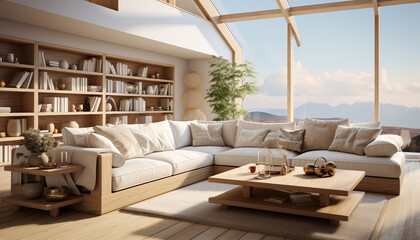 Modern, comfortable living room with wood flooring and wide windows generated by AI