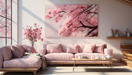 Modern apartment with bright pink walls, comfortable sofa, and elegant decor generated by AI