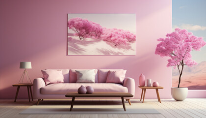 Comfortable living room with modern decor, pink flowers, and elegant wallpaper generated by AI