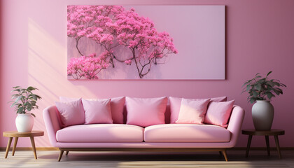 Modern living room with pink sofa, flower vase, and elegant decor generated by AI