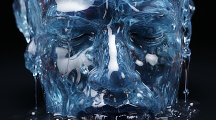 A glistening face made of glass, with watery reflections of plastic, captures a wild, mysterious beauty that stirs the soul