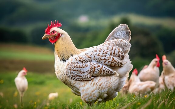 Chicken white rooster nature livestock on grass concept