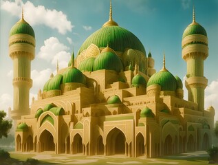 beautiful and luxurious mosque building, dominant colors green and gold, AI generated
