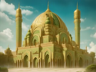 Fototapeta na wymiar beautiful and luxurious mosque building, dominant colors green and gold, AI generated
