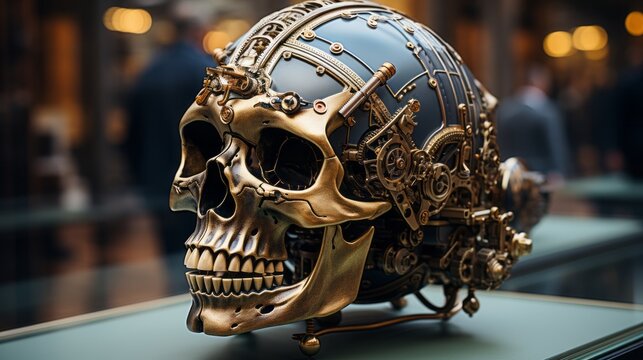 A metallic skull with intricate cogs and gears lies in a museum, a reminder of the powerful bones that once held life of an animal inside