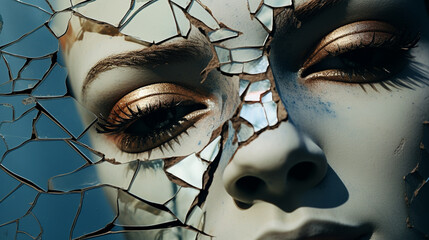 A fractured face with shattered mirror, revealing a puzzle of sharp, jagged pieces, each holding a distorted image of the broken soul within.