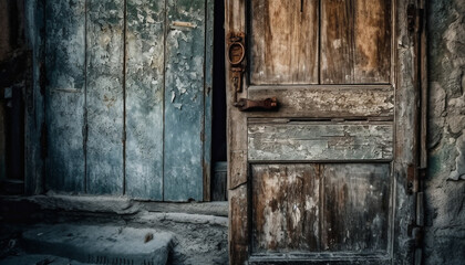 Rusty padlock secures weathered wooden door on abandoned rustic barn generated by AI - obrazy, fototapety, plakaty