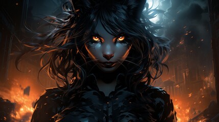 Naklejka premium A mysterious anime woman with cat ears and long black hair stares into the darkness, captivating viewers with her daringly bold and imaginative style