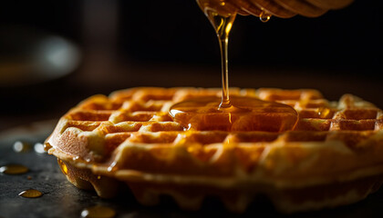 Freshly baked Belgian waffle stack with golden syrup pouring over generated by AI - obrazy, fototapety, plakaty