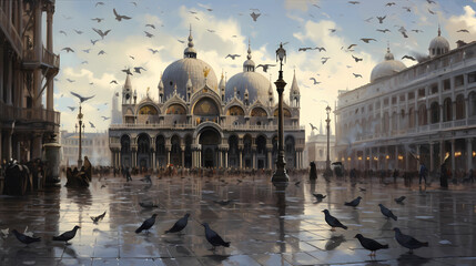 Plaza San Marco with pigeons gathered - obrazy, fototapety, plakaty