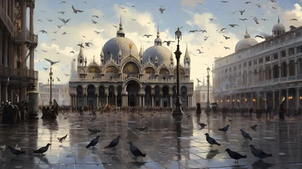 Poster Plaza San Marco with pigeons gathered © Asep
