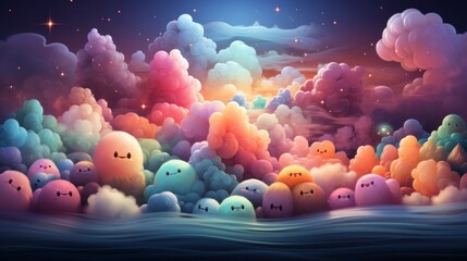 A vivid cartoon of a flock of bright, joyous clouds floating across the sky evokes a sense of wonder and adventure