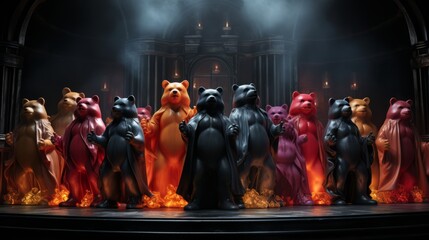 A theatrical group of bears takes the stage, their joyful dance creating an exuberant and mesmerizing atmosphere inside the theater - obrazy, fototapety, plakaty