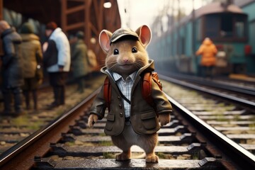 mouse on the railway platform, 3D illustration, train travel - obrazy, fototapety, plakaty