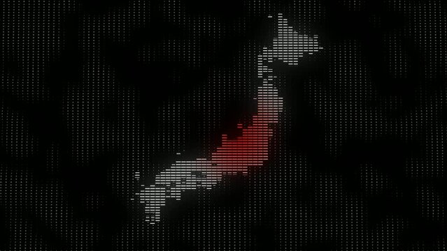 Japan map glowing white and red silhouette outline made of mosaic, low polygonal shapes. Communication, internet technologies concept. Wireframe futuristic design. Japan Map Digital Cyber Background