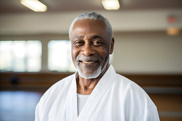 Portrait of happy senior retired black man at karate course - obrazy, fototapety, plakaty