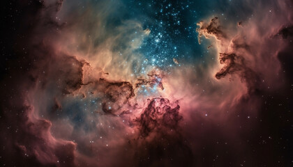 Night sky glows with multi colored nebula in deep space generated by AI