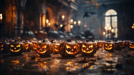On a dark halloween night, the eerie light of carved pumpkins and flickering candles creates a hauntingly beautiful lantern-lit atmosphere