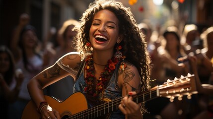 A spirited woman musician performs a passionate outdoor concert in stylish clothing, strumming her...