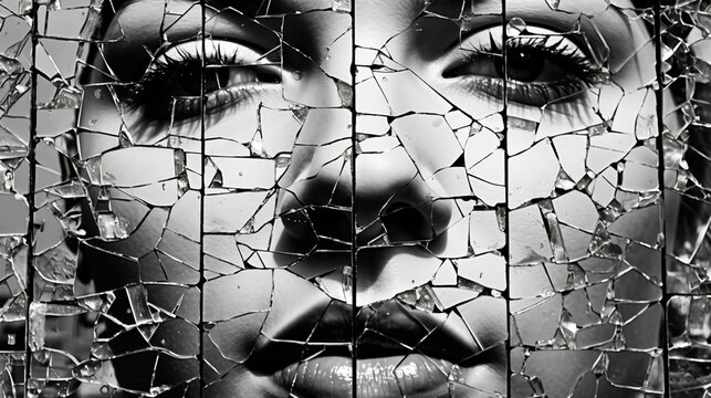 A fractured face with shattered mirror, revealing a puzzle of sharp, jagged pieces, each holding a distorted image of the broken soul within.