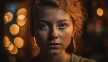 One beautiful young woman, illuminated at night, smiling at camera generated by AI