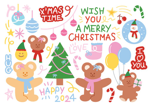 Christmas pastel elements of Teddy Bear, Xmas tree, candy cane, snowman and balloon for ornaments, December festive decoration, winter sticker, social media post, logo, icons, fabric print, banner, ad