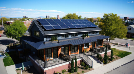 Obraz premium Alternative energy. Solar panels on the roof of a black industrial or RND building. autonomous power supply