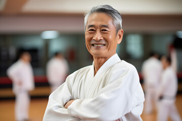 Fototapeta premium Portrait of happy senior retired asian man at karate course