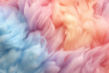 Full-surface texture of colorful rainbow-colored cotton candy resembling clouds.