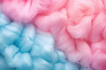 Full-surface texture of colorful colored cotton candy half pink half blue resembling clouds.