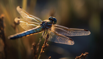 The dragonfly multi colored wings glisten in the vibrant sunlight generated by AI