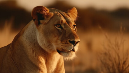 Majestic lioness in the savannah, a portrait of natural beauty generated by AI