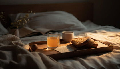 Cozy hotel room offers comfortable relaxation with fresh croissant breakfast generated by AI