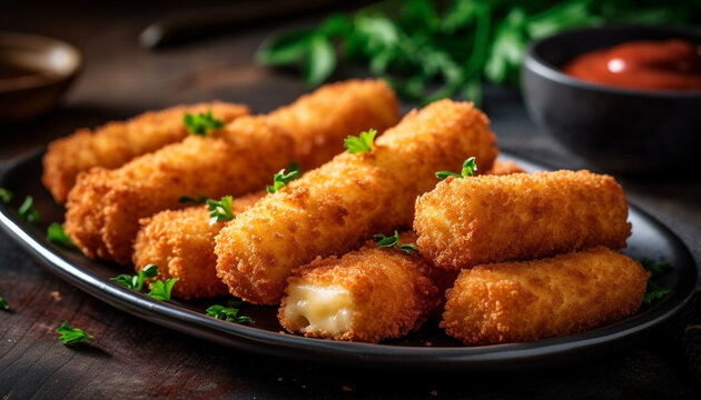 Crunchy fried seafood appetizer on rustic wood plate with savory sauce generated by AI