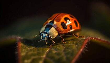 Spotted ladybug crawls on green leaf, beauty in nature generated by AI